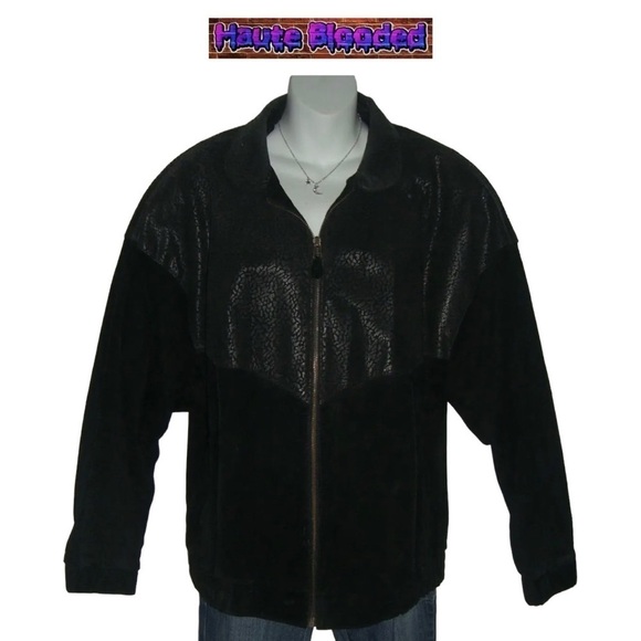 Vintage 90's Stefano Black Suede Leather Bomber Jacket Print Retro Plus 16 Goth - Picture 1 of 13